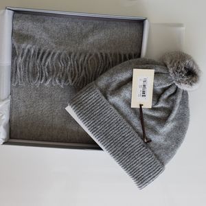 AMICALE 100% Cashmere Fur Beanie and Scarf Gift Set
